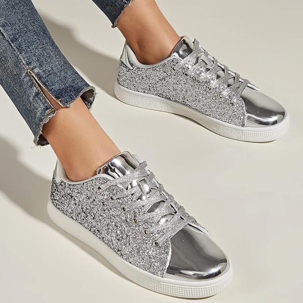 Glitter Shoes Sparkly Bling Shiny Bedazzled Lace up Fashion Sneakers for Women - Picture 2 of 4